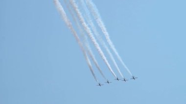 Jets in formation against blue sky