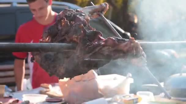 Charcoal roasted lamb on spit — 图库视频影像