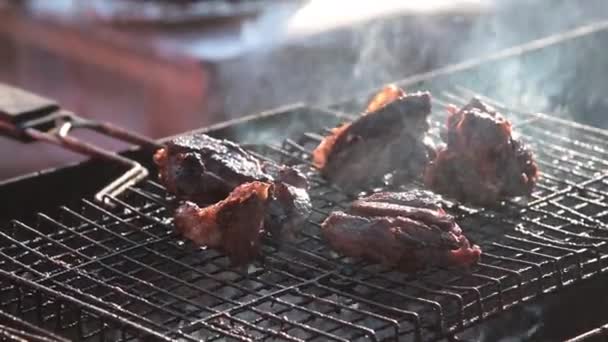 Kød på trækul grill – Stock-video