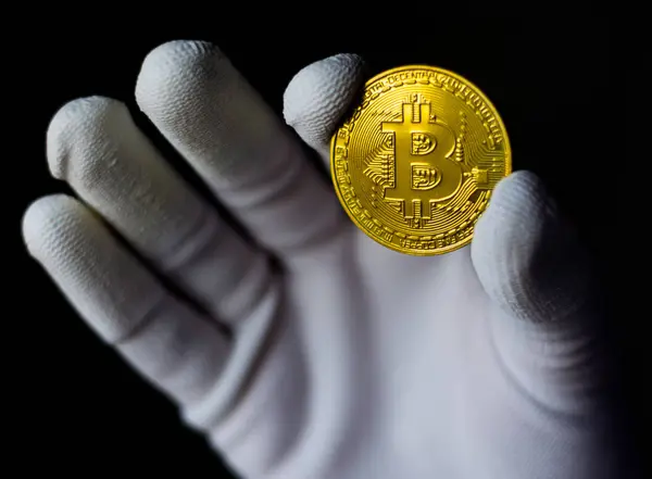 Elindeki beyaz eldivenli bitcoin 