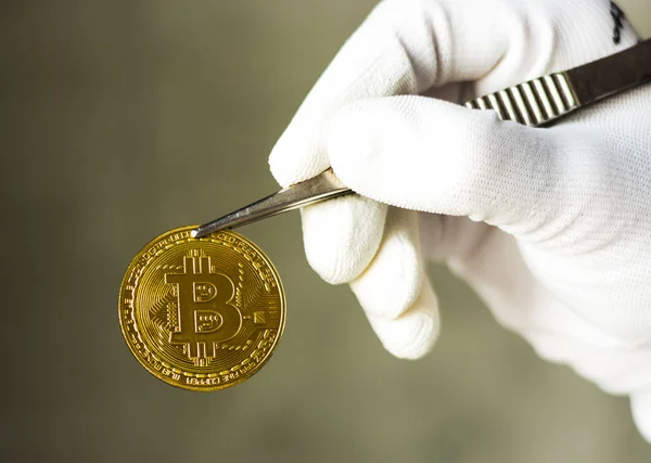 Elinde beyaz bir eldiven olan cımbızda bitcoin bulunur.