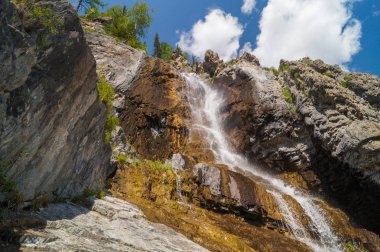Dağ şelalesi. Su bir uçurumdan aşağı akıyor.