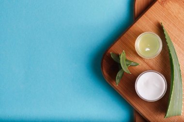 Düz tabaka aloe vera yaprak kremi ve solda telif alanı olan merhem yakın çekim yassı kaplama sağlık sigortası konsepti