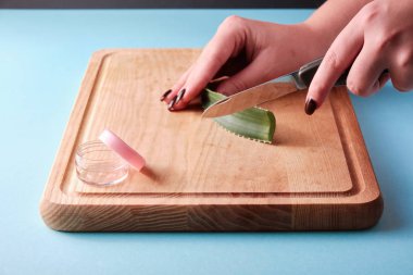 Pembe kapaklı, mavi arka planlı boş bir kutunun yanında bir bıçakla aloe vera dilimleri kesiyorum.