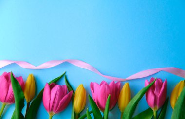 Mavi arka planda pembe kurdeleli renkli çiçekler