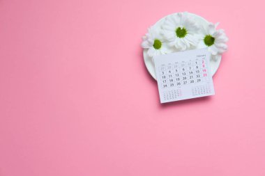 Pembe arka plan sevgililer günü konseptinde takvimi olan papatya çiçekleri