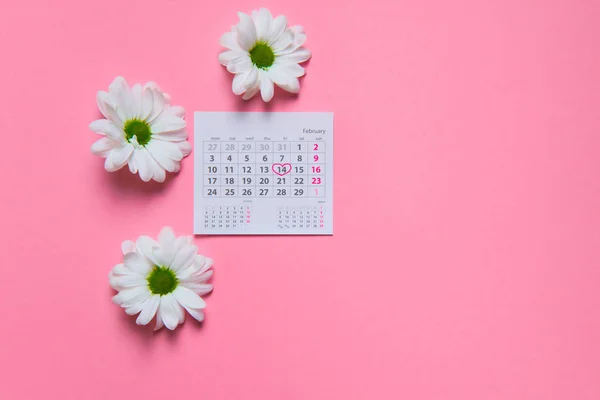 Flores de manzanilla con calendario sobre fondo rosa concepto de San Valentín — Foto de Stock