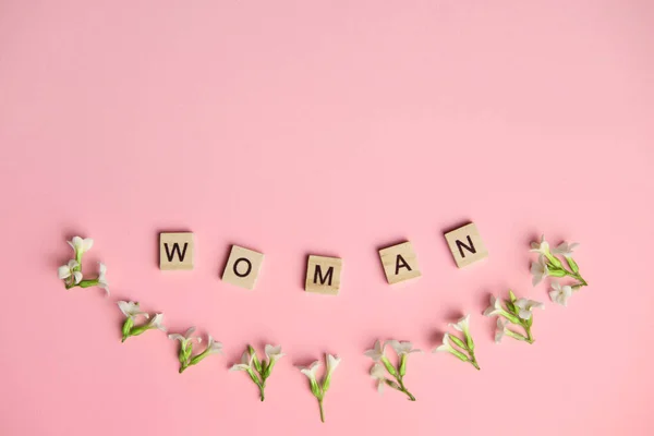 Top View Woman Spelled Wooden Blocks Pink Background Love March — Stock Photo, Image