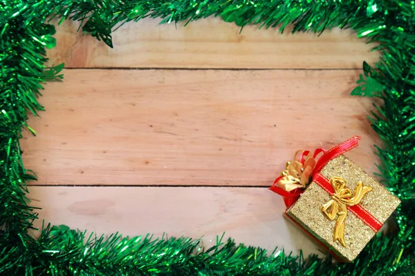 Geschenkbox Dekoration Auf Holzbrett Hintergrund Frohe Weihnachten Winterferienthema Frohes Neues — Stockfoto