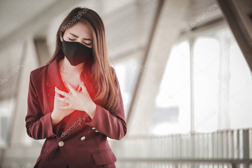 Asian woman wearing mask for protect pm2.5 and cough with Covid-19 virus outbreak in public