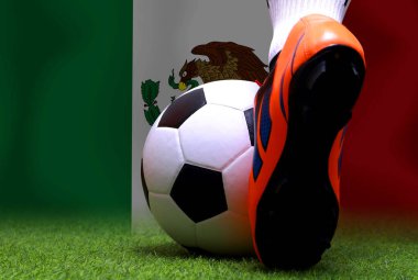 Futbol oyuncusunun bacakları ve ayakları kapalı yeşil çimlerde yürür ve Meksika bayrağının arka planında maç yapmaya hazırdır..