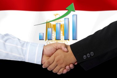 Arkaplan olarak Mısır bayrağı ile el sıkışmak ya da sözleşmek.