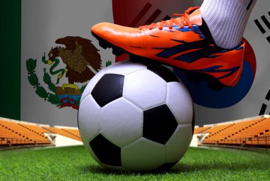 Futbol oyuncusunun bacakları ve ayakları kapalı yeşil çimlerde yürür ulusal Meksika ve ulusal Güney Kore 'de maç yapmaya hazırdır..