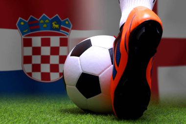 Futbol oyuncusu veya futbolcunun bacakları kapalı, yeşil çimlerde yürüyor ve ulusal Hırvat ve ulusal İngiltere 'de maç yapmaya hazır..