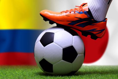 Futbol oyuncusunun bacakları ve ayakları kapalı yeşil çimlerde yürür Kolombiya ve Japonya 'nın ulusal maçlarına hazırlanır..