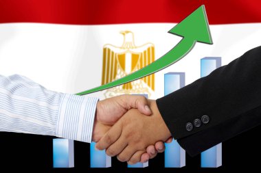 Arkaplan olarak Mısır bayrağı ile el sıkışmak ya da sözleşmek.