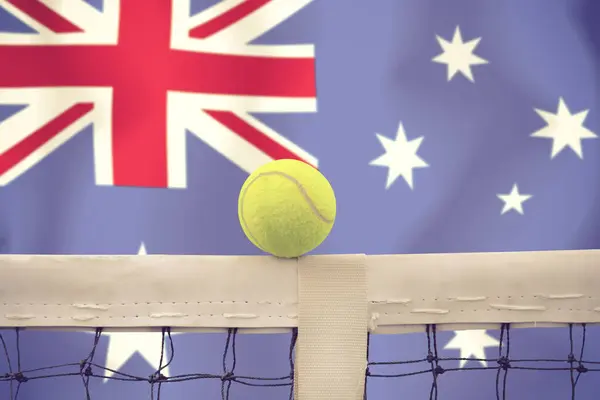 Balle Tennis Filet Sur Fond Drapeau Australien — Photo