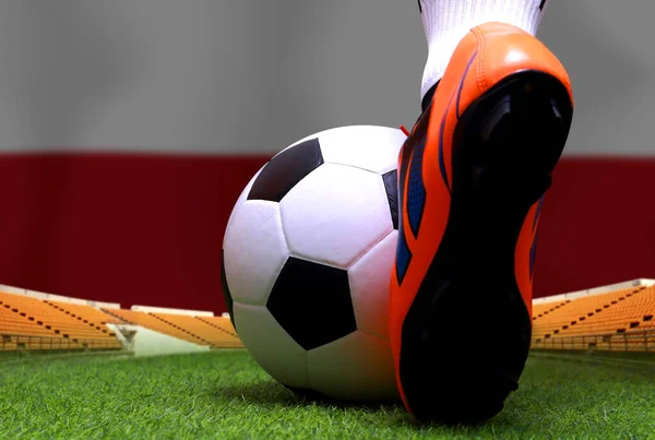 Close up legs and feet of soccer player or football player walk on green grass ready to play match on national Poland flag background.