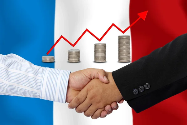 Uścisk Dłoni Lub Umowa Wraz Banderą Francji Tle — Zdjęcie stockowe