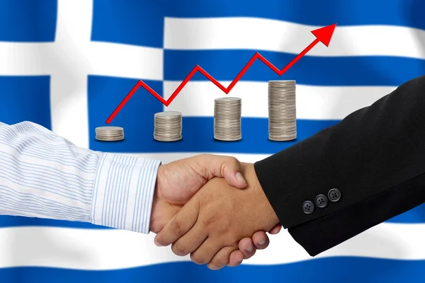 Рукопожатие Контракт Вместе Флагом Greece Качестве Фона — стоковое фото