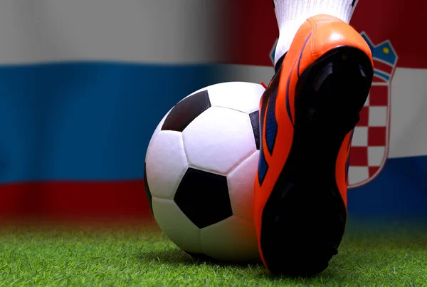 Close Legs Feet Soccer Player Football Player Walk Green Grass — Stock Photo, Image