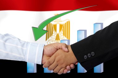 Arkaplan olarak Mısır bayrağı ile el sıkışmak ya da sözleşmek.