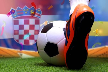 Futbol oyuncusunun bacakları ve ayakları kapalı veya futbolcu yeşil çimlerde yürüyor ve ulusal Hırvat ve ulusal İsveç 'te oynamaya hazır..