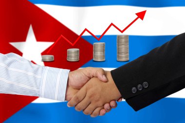 Arkaplan olarak Küba bayrağı ile el sıkışmak ya da sözleşmek.