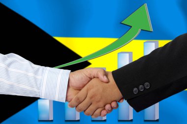 Arka plan olarak BAHAMA bayrağı ile el sıkışma veya sözleşme.