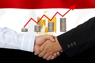 Arkaplan olarak Mısır bayrağı ile el sıkışmak ya da sözleşmek.