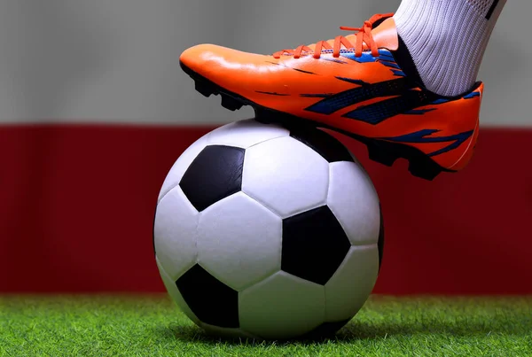 Close up legs and feet of soccer player or football player walk on green grass ready to play match on national Poland flag background.