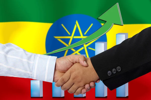 Apretón Manos Contrato Junto Con Bandera Etiopía Como Fondo — Foto de Stock