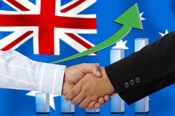 Kézfogás Vagy Szerződés Együtt Zászló Ausztrália Mint Háttér — Stock Fotó