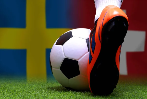 Futbol Oyuncularının Futbolcuların Bacakları Kapalı Yeşil Çimlerde Yürürler Ulusal Sveç — Stok fotoğraf