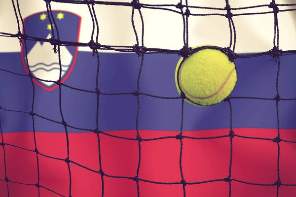 Tennis ball in net on  flag background.