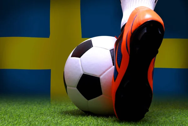 足球运动员或足球运动员在绿草上走起路来 准备在瑞典国旗的背景下比赛 — 图库照片