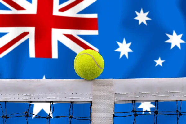 Balle Tennis Filet Sur Fond Drapeau Australien — Photo
