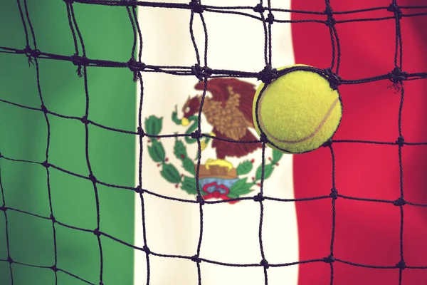 Μπάλα Τένις Στο Δίχτυ Φόντο Σημαία — Φωτογραφία Αρχείου
