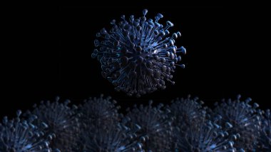 Corona virüsü 2019-nCov konsepti siyah arka planda izole edildi. Mikroskop virüsü yakın plan. 3d oluşturma.