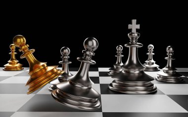 Savaşta satranç oynayan Kral, siyah izole edilmiş arka planıyla satranç tahtasının üzerinde duruyor. Konsept iş stratejisi, planlama ve 3D karar verme.