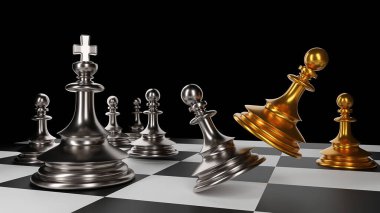 Savaşta satranç oynayan Kral, siyah izole edilmiş arka planıyla satranç tahtasının üzerinde duruyor. Konsept iş stratejisi, planlama ve 3D karar verme.
