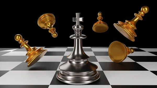 The King in battle chess game stand on chessboard with black isolated background. Concept business