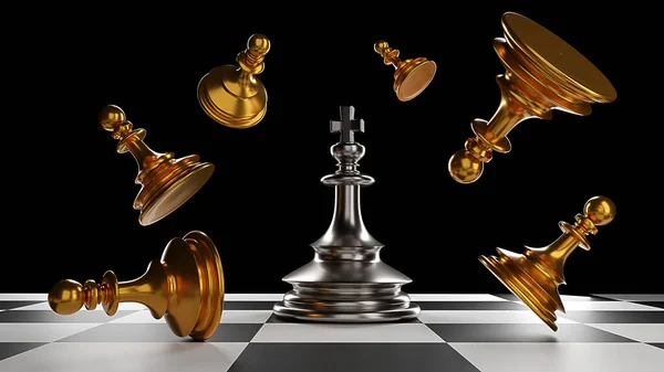 The King in battle chess game stand on chessboard with black isolated background. Concept business