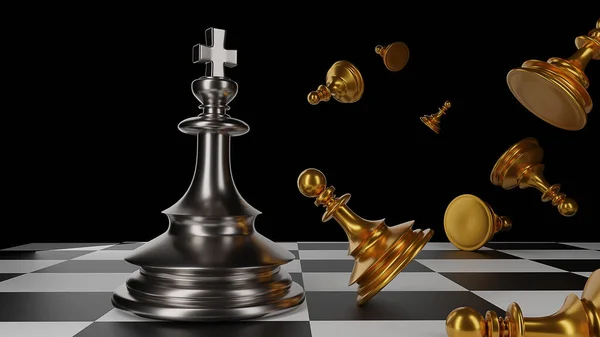 The King in battle chess game stand on chessboard with black isolated background. Concept business