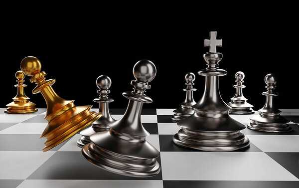 The King in battle chess game stand on chessboard with black isolated background. Concept business strategy, planning and decision.3d rendering.