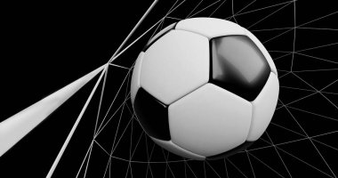 Futbol topu ağda, arka planda 33D bir çizim yapıyor..