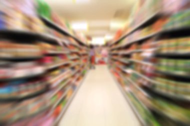 Soyut bulanık bakkal arkaplanı. Arkaplan ve tasarım elemanı kullanımı için süpermarket, market veya depo bulanık koridoru.