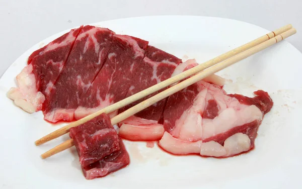 Piece Fresh Raw Meat Photo White Tents — Stock Photo, Image