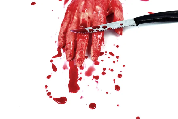 Una Mano Ensangrentada Haciendo Puño Con Sangre Goteando Aislada Blanco — Foto de Stock