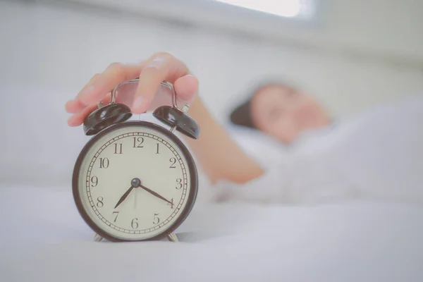 Focus Vintage Alarm Clock Morning Time Out Focus Young Woman — Stock Photo, Image